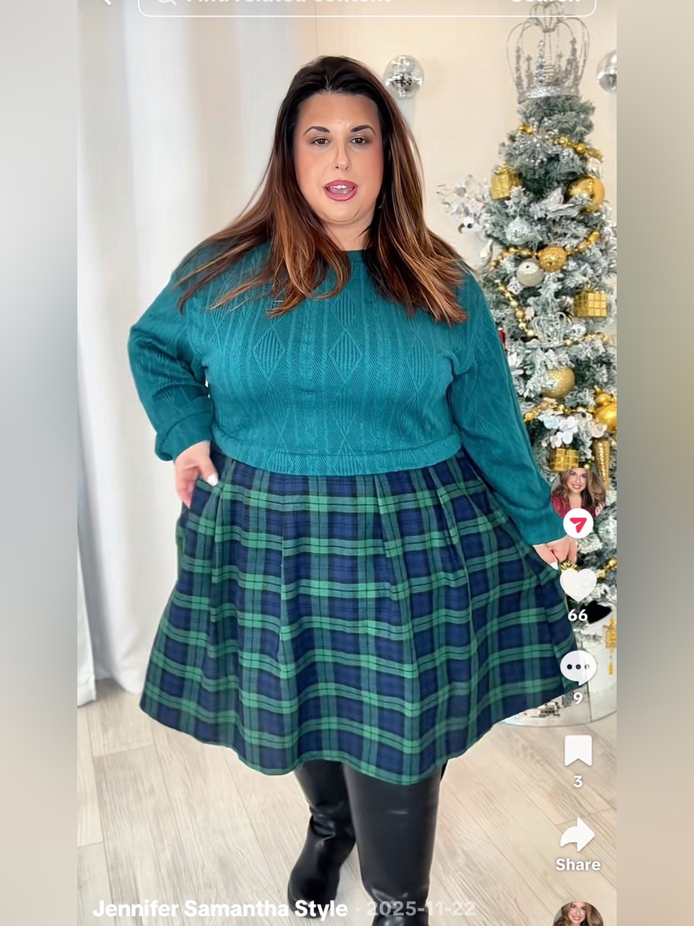 Plus Teal Knit Bodice with Green and Blue Plaid Skirt Mini Dress